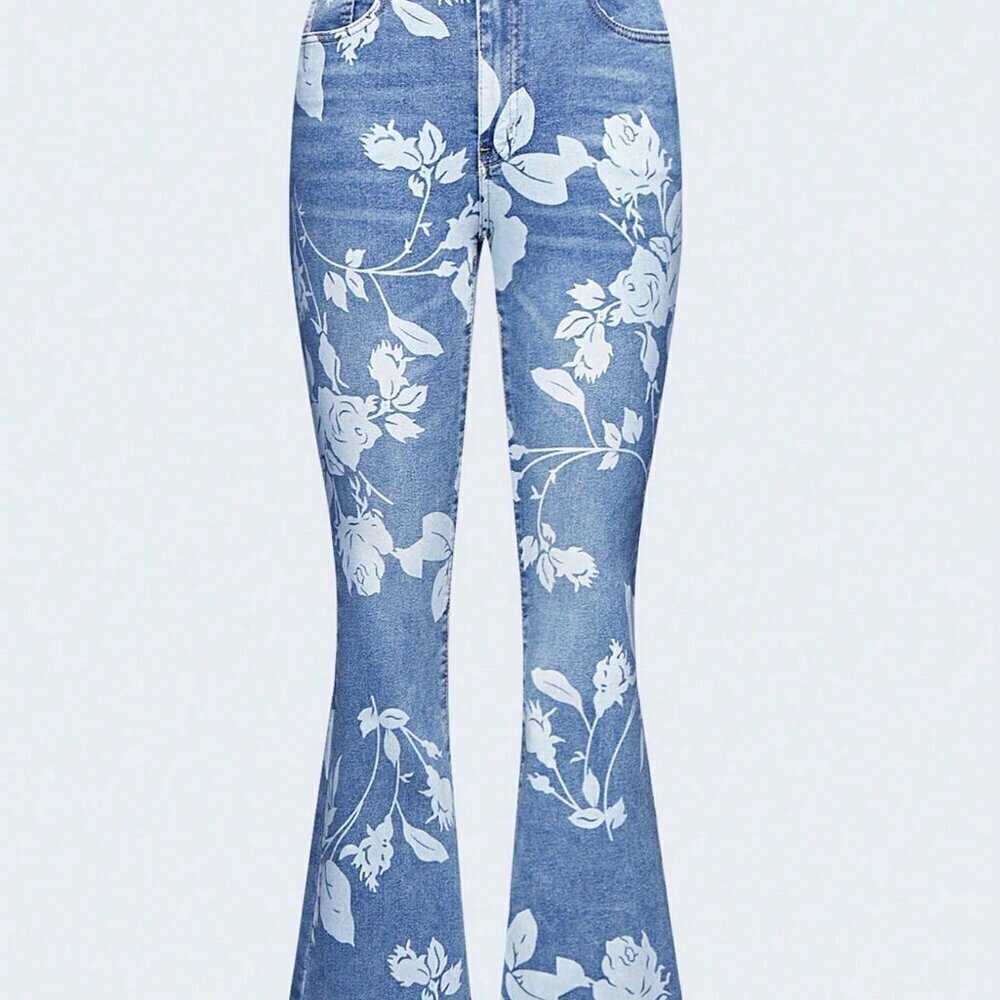 Light Wash Casual Women's Floral Printed Bootcut High Waisted Stretch Jeans - Picture 2 of 6